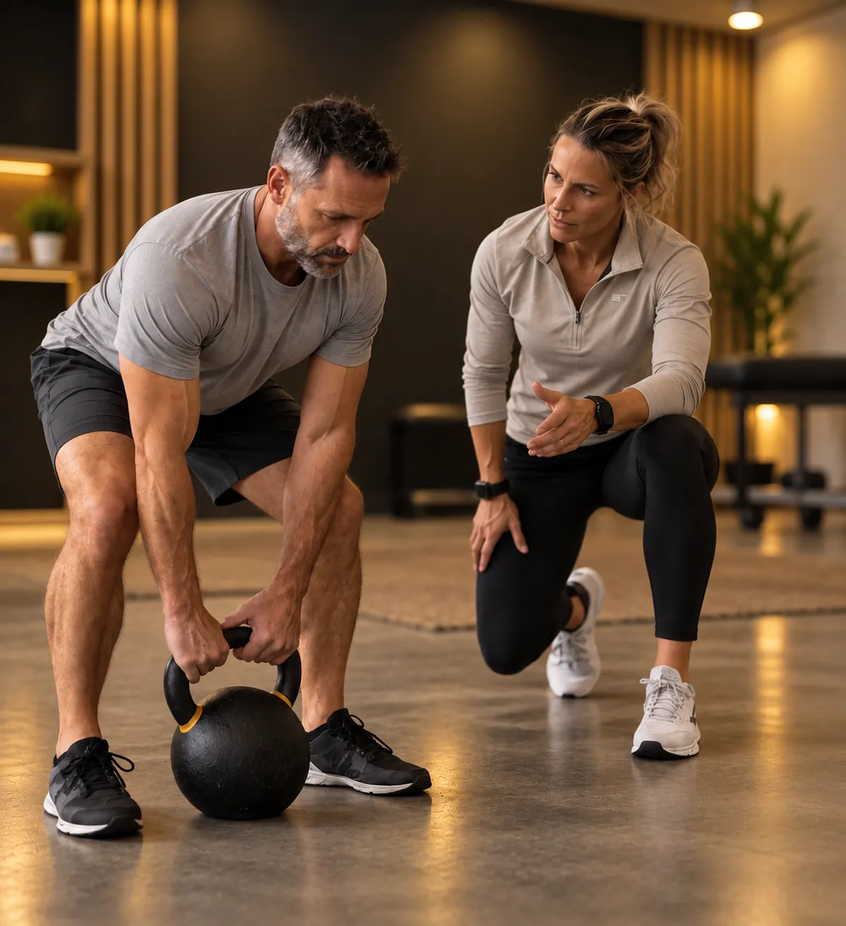 A coach guiding an adult man through a kettlebell exercise in a warm studio